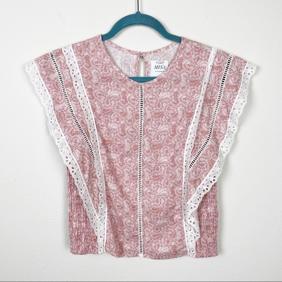 Misa Los Angeles Nilu Blouse in Washed Tile Pink Crochet Smocked Casual Flutter - Picture 2 of 7
